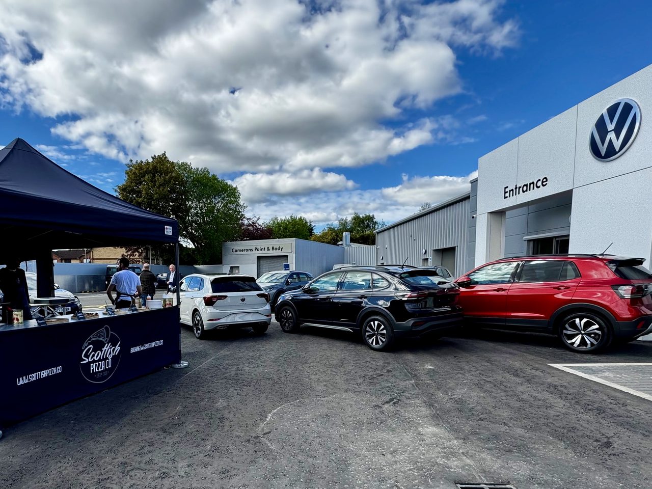 Scottish Pizza Co pop-up gazebo outside a Volkswagen dealership at a corporate event